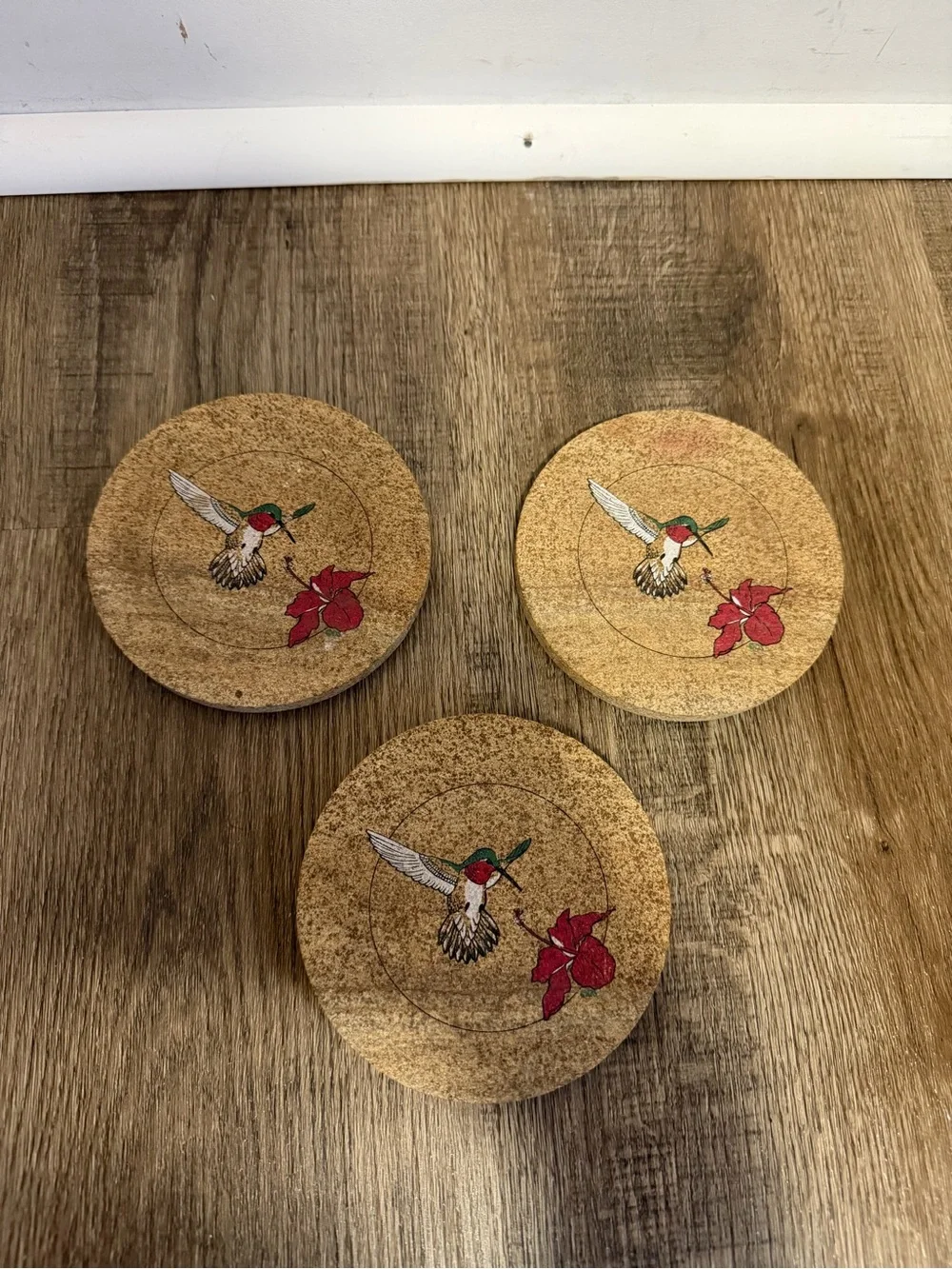 Natural Cork Coaster Set with Hummingbird and Red Flower Accents
